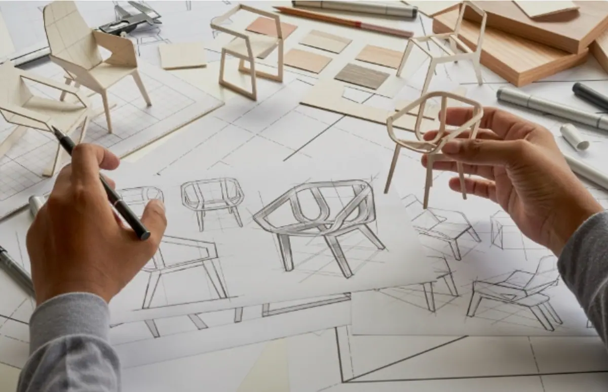 A designer sketching furniture concepts beside scale models