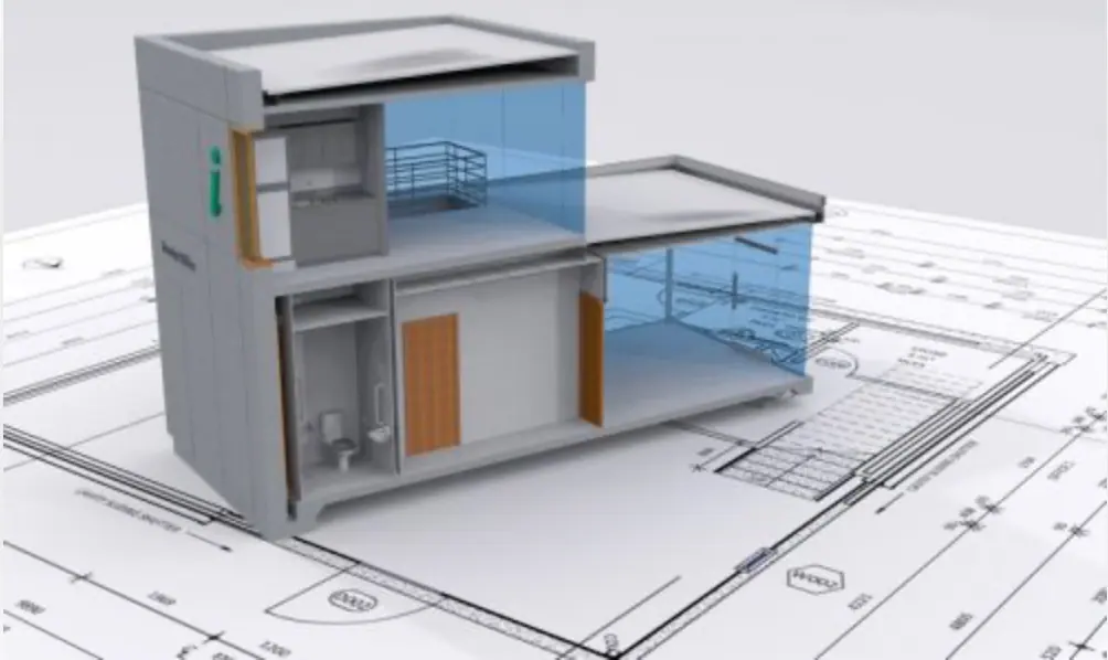 A 3D building model shown over an architectural plan