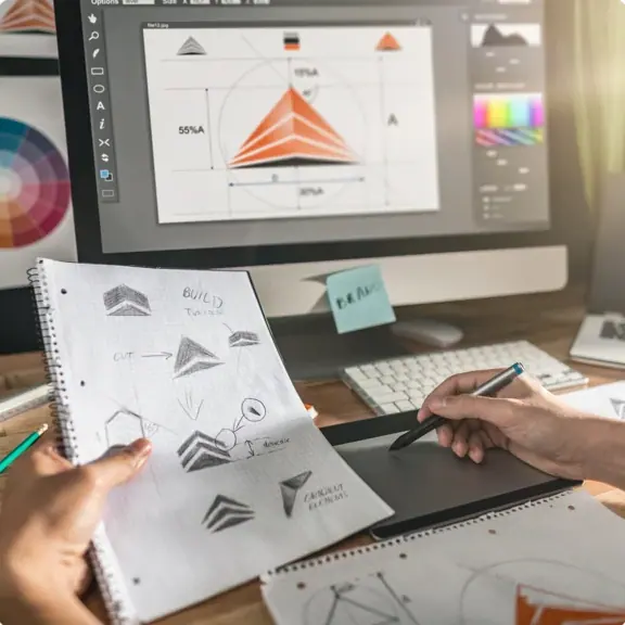 A designer sketching a digital identity beside a computer