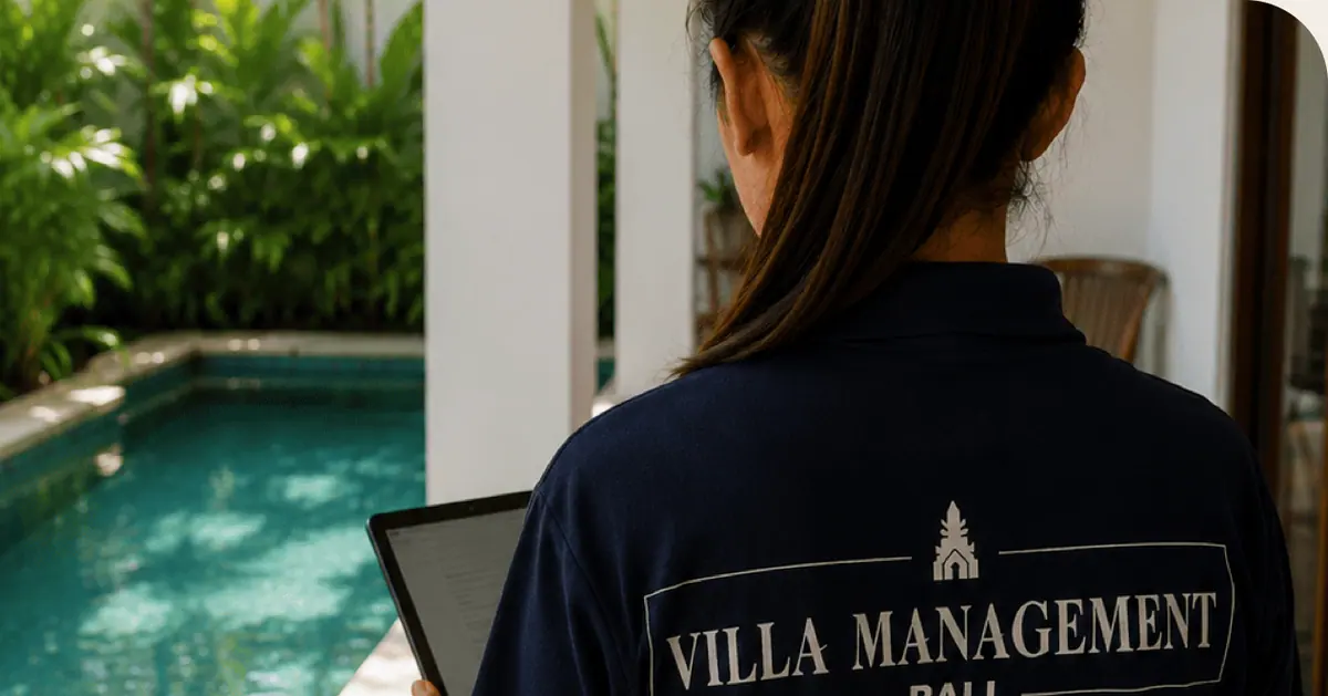 Villa manager working by a Bali pool