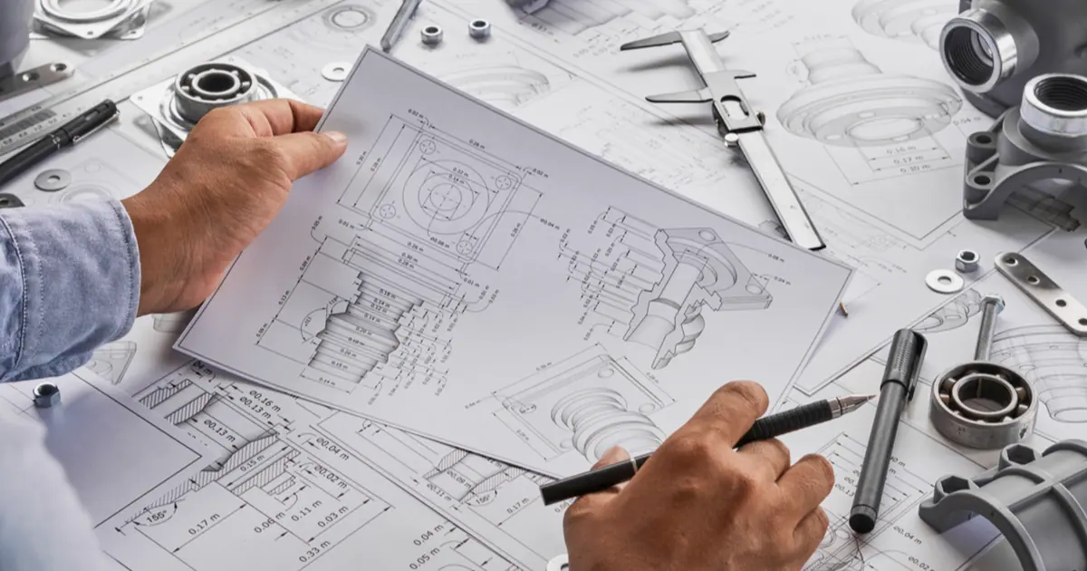 Engineering blueprints and mechanical components